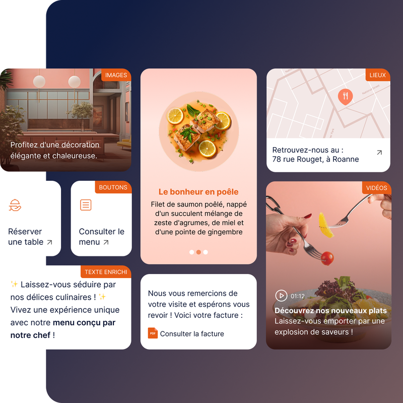 Une image promotionnelle de restaurant présentant un plat à base de saumon, les options de réservation et de menu, des informations sur l'emplacement, une vidéo d'un repas et un intérieur chaleureux.
