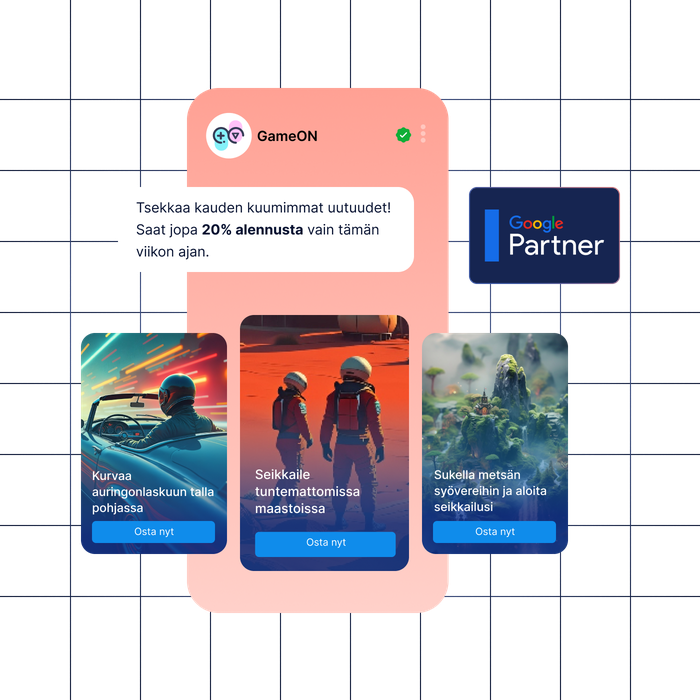 RCS Business Messaging -markkinointikuva pelialalle, jossa esitellään personoitu kampanjaviesti ja interaktiiviset pelikarusellit. Kuvassa näkyy GameON-brändin tarjousviesti, kolme pelisuositusta toimintopainikkeineen sekä Google Partner -logo.