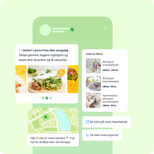 Grafik, der viser en WhatsApp API-shoppingoplevelse med karuselvisning af produkter, salgsfremmende tilbud, kort over butikslokationer og hurtig-svar-knapper til at udforske mere eller kontakte support.
