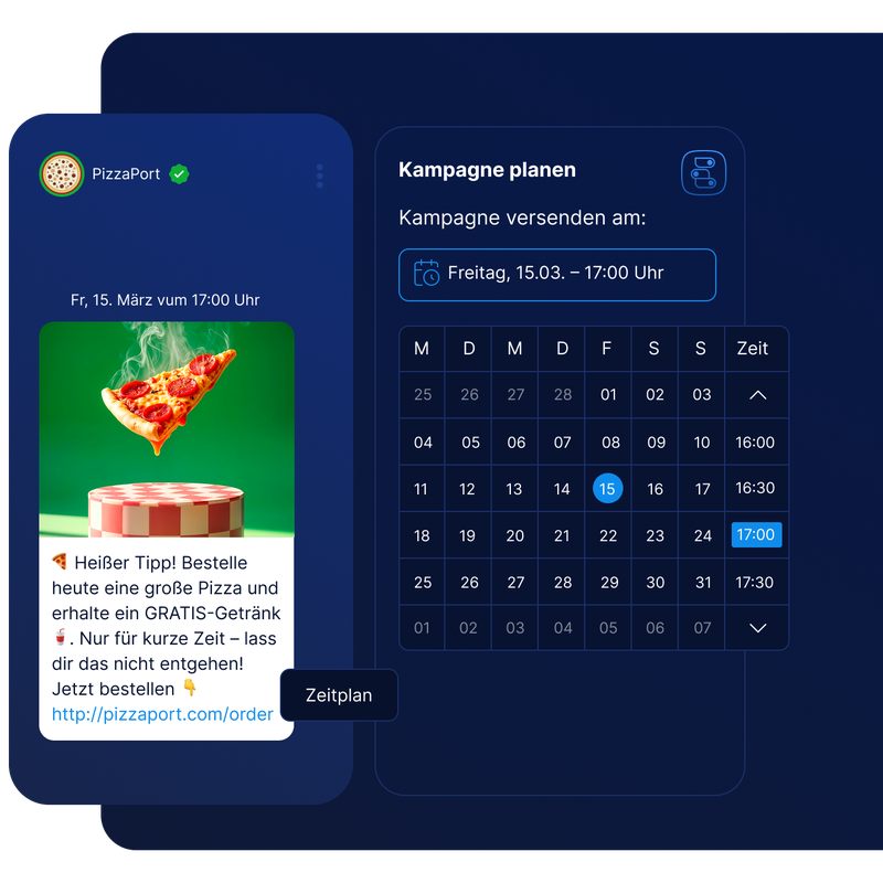 Oberfläche zur Kampagnenplanung mit einer Pizza-Aktion. Geplanter Termin: Freitag, 15. März, 17:00 Uhr. Kalender mit verfügbaren Zeitfenstern.