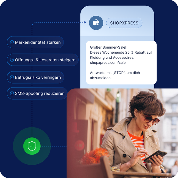 Gebrandete SMS-Nachricht mit Absendername und Werbeinhalten sowie Sicherheitsvorteilen wie reduziertem Betrugsrisiko, höheren Öffnungsraten und vertrauenswürdiger Absenderidentität über mobile Kanäle.