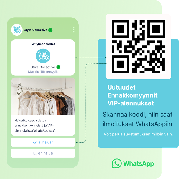 WhatsApp-opt-in -ratkaisua esittelevä kuva, jossa käyttäjä voi liittyä yrityksen viestintälistalle QR-koodin avulla. Kuvassa näkyy verifioitu yritysprofiili, tarjousviesti ennakkomyynneistä ja VIP-alennuksista sekä painikkeet suostumuksen hyväksymiseen tai hylkäämiseen.