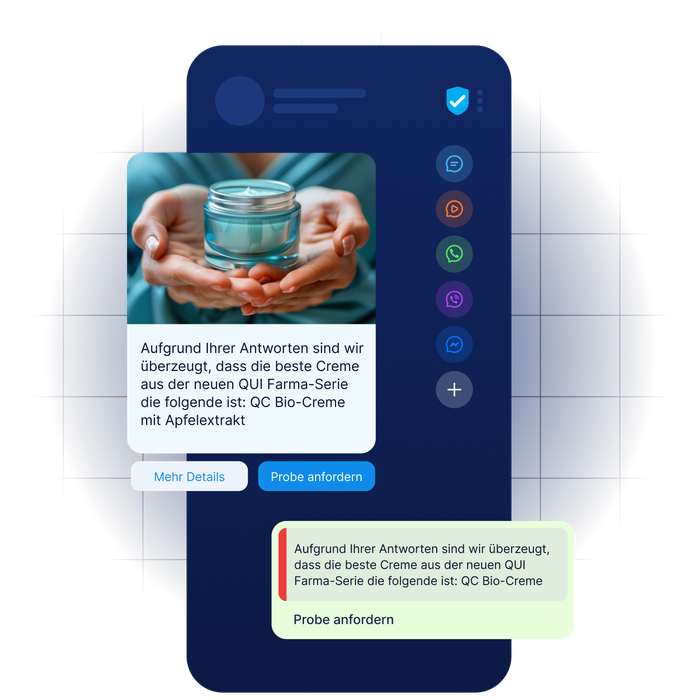 Chat-Oberfläche mit personalisierter Hautpflege-Empfehlung auf Basis von Nutzereingaben über MyLINK Messaging von LINK Mobility für SMS, WhatsApp, Viber und RCS im Gesundheitsbereich.