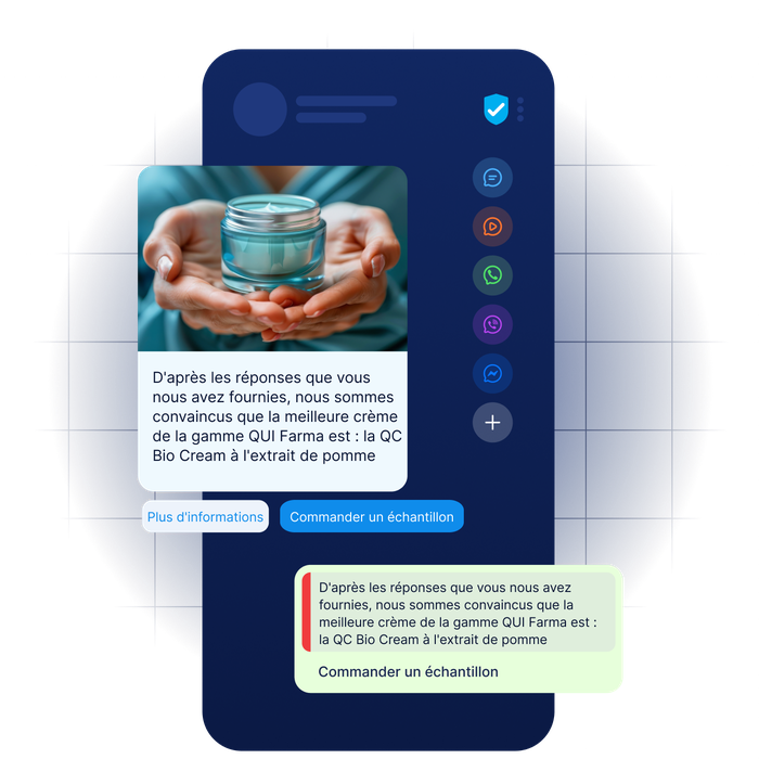 Un smartphone affichant une application sur laquelle on voit une image de mains tenant un pot de crème, ainsi qu'un texte en français présentant la « QC Bio Cream » à l'extrait de pomme, accompagnée de boutons d'action.