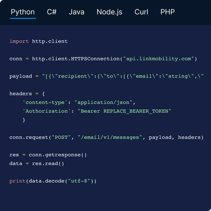 Python code snippet showing how to send an email using LINK Mobility's Email API with headers, recipient email, and POST request to the /email/v1/messages endpoint.
