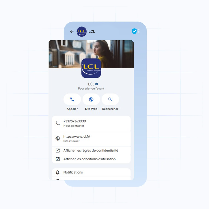 Mobile interface of the LCL bank contact page showing call, website, and search options with contact details and a background image of a woman.