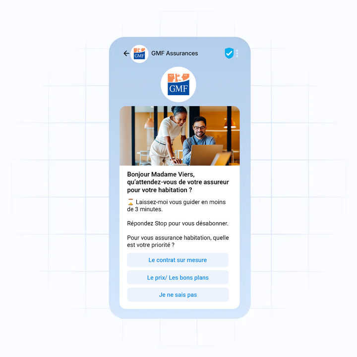 A smartphone screen displaying a message from GMF Assurances with a question about home insurance priorities and multiple-choice options.