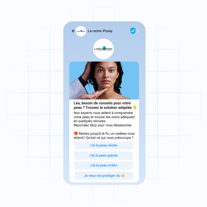 A smartphone displays a skincare consultation message from La Roche-Posay, featuring a woman's face and options for different skin concerns.