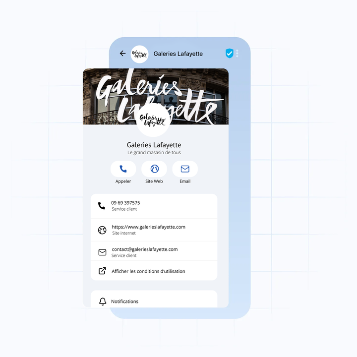 Mobile interface showing Galeries Lafayette contact info, including phone number, website, email, and service client details.