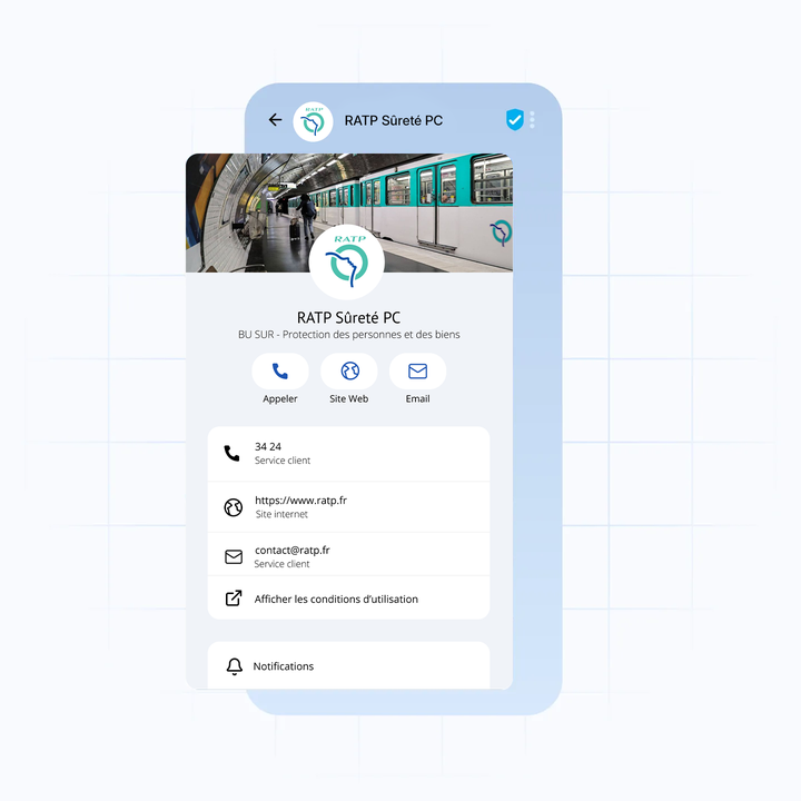 Mobile interface displaying RATP Sûreté PC contact details, including phone, website, and email options, with a subway image background.