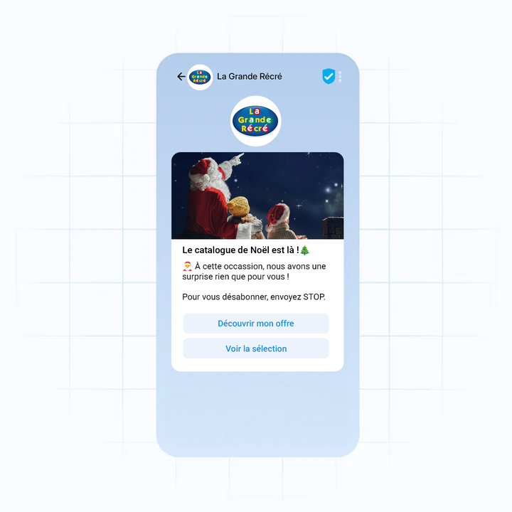 A mobile screen displaying a Christmas catalog announcement from La Grande Récré, featuring Santa Claus and children, with subscription options below.
