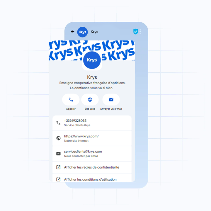 A digital contact card for Krys opticians, featuring phone, website, email details, and options for privacy and terms of use.