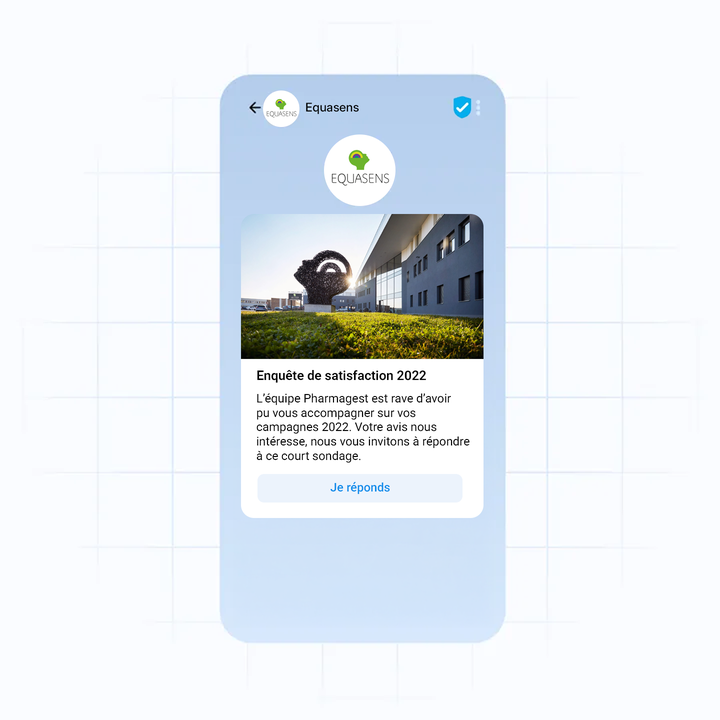 A smartphone screen displaying a satisfaction survey prompt from Equasens, with a logo and building image, in French.