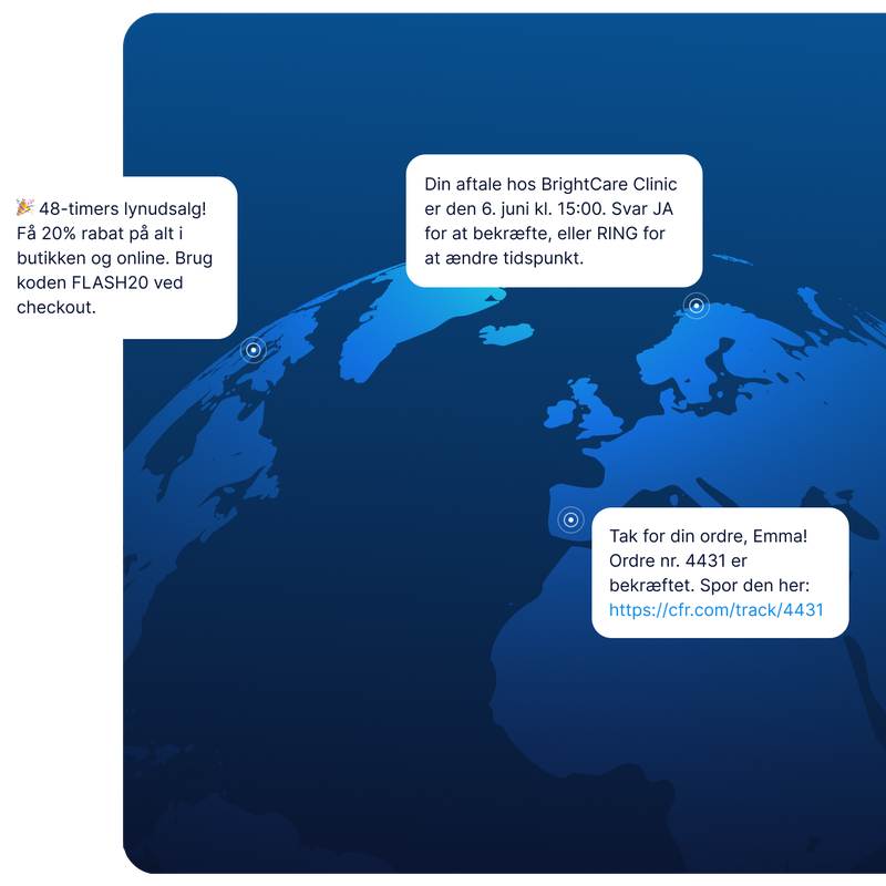 Kortvisualisering, der viser brugsscenarier for SMS API på tværs af regioner, herunder en lynudsalgskampagne, en klinikpåmindelse om aftale og en e-handelsordrebekræftelse med sporingslink.