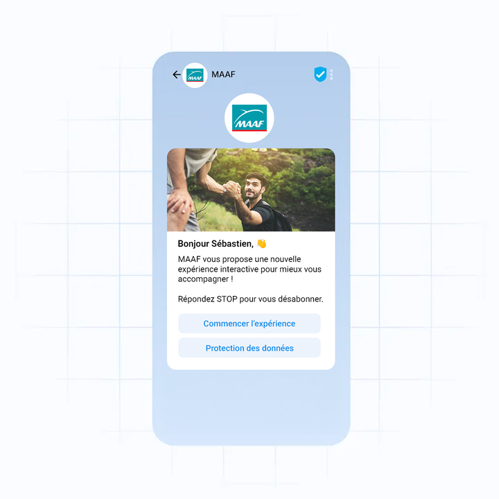 Phone screen with MAAF app, greeting user, offering an interactive experience, and options for starting or accessing data protection information.