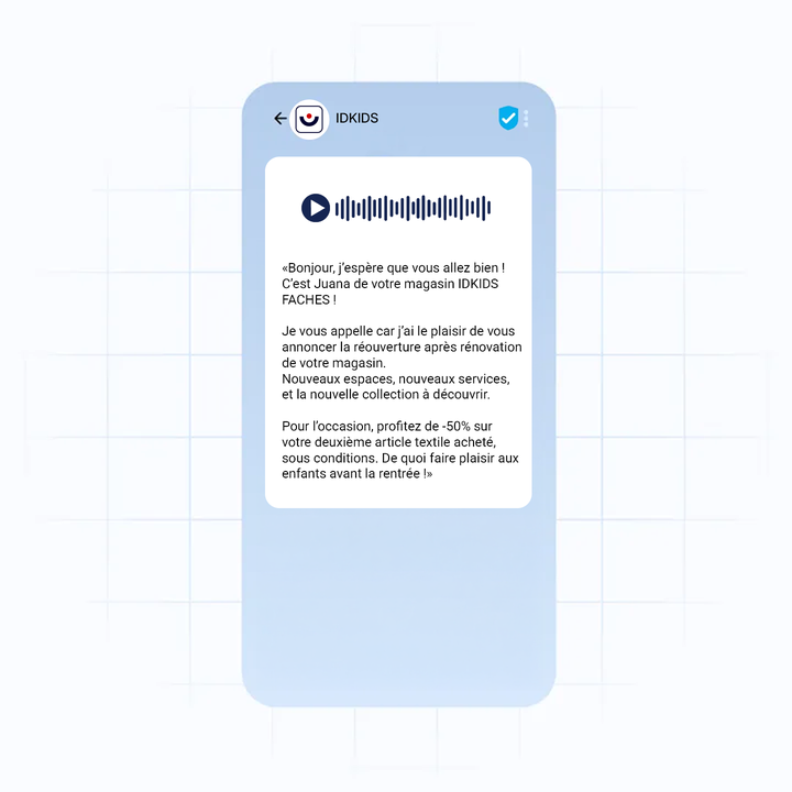 A smartphone screen showing a voice message and text from "IDKIDS" about a store reopening, new collection, and 50% off promotion.