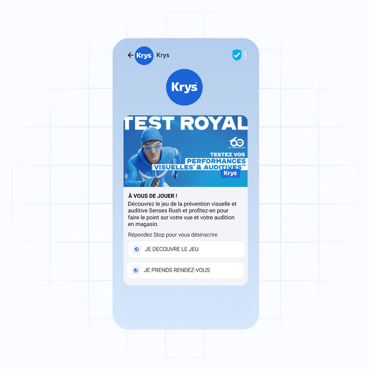 A mobile app screen promoting "Krys Test Royal" for visual and auditory performance testing, displaying options to explore or book an appointment.