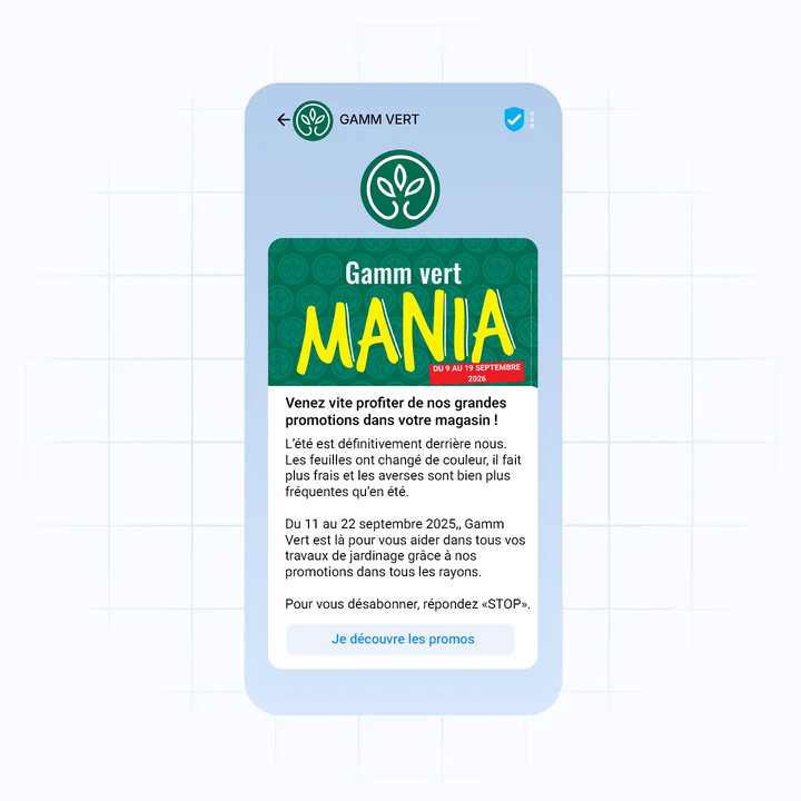 A smartphone screen displays a promotion for "Gamm vert Mania" with dates, a green theme, and French text about garden deals from Gamm Vert.