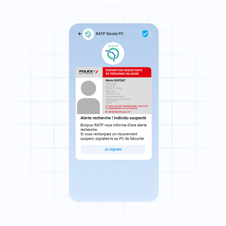 A smartphone screen displaying a RATP security alert for a missing person, with a placeholder image and details in French.