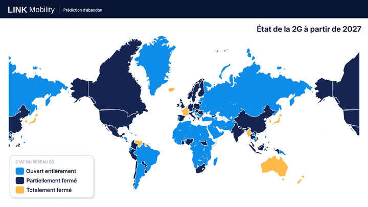 World map showing 2G network status by 2027: blue for fully open, dark blue for partially closed, and orange for totally closed.