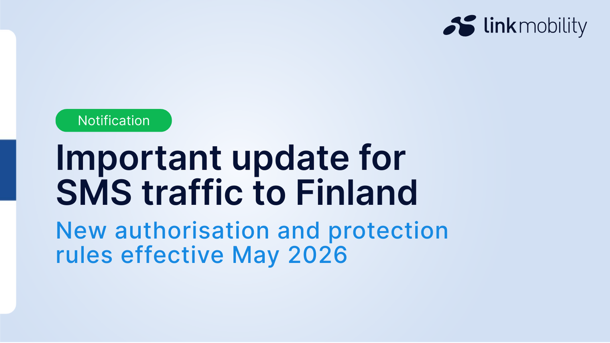 Banner announcing an important update for SMS traffic to Finland with new Sender ID authorisation and protection rules effective May 2026 provided by LINK Mobility.