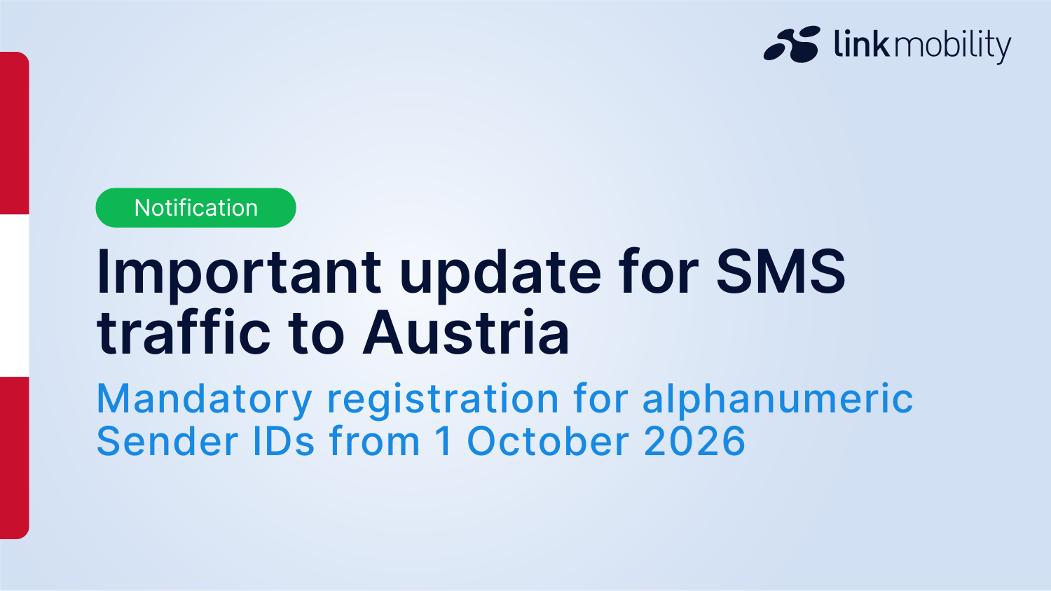 Graphic announcing an important update for SMS traffic to Austria, with mandatory registration for alphanumeric Sender IDs from 1 October 2026.
