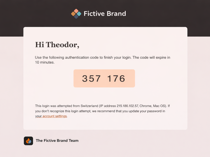 Image of an email verification code message sent to a user, displaying a one-time login code and security details. This illustrates how LINK Mobility’s MyLINK Email API enables fast and reliable delivery of email verification codes.