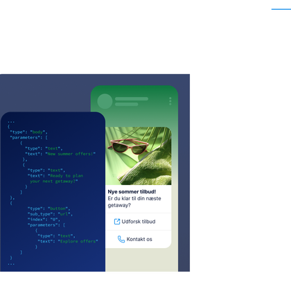 Grafik, der viser en WhatsApp API-markedsføringsskabelon med JSON-kode til venstre og en sommertilbudsbesked til højre, inklusive billede, tekst og knapper til at udforske tilbud eller kontakte support.