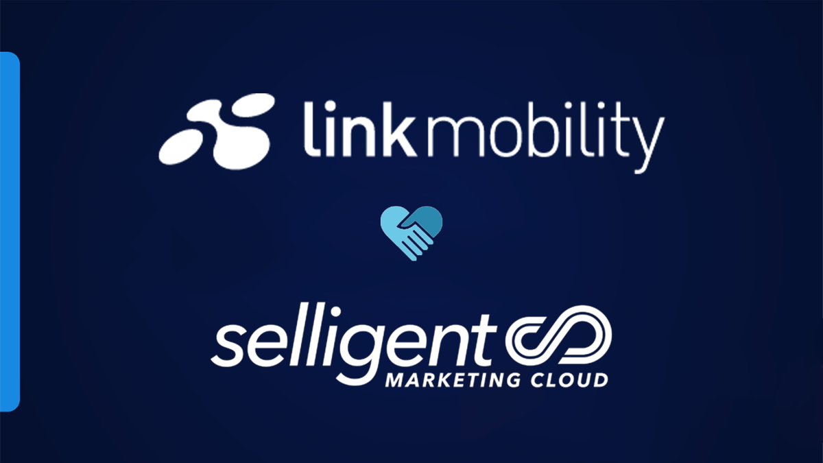 Logos of Link Mobility and Selligent Marketing Cloud with a handshake icon between them on a dark blue background.