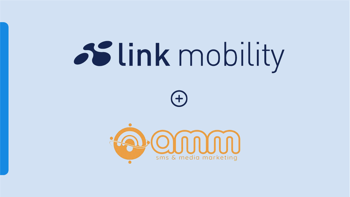 Two logos on a light blue background: "link mobility" in dark blue and "amm sms & media marketing" in orange with a plus symbol between them.