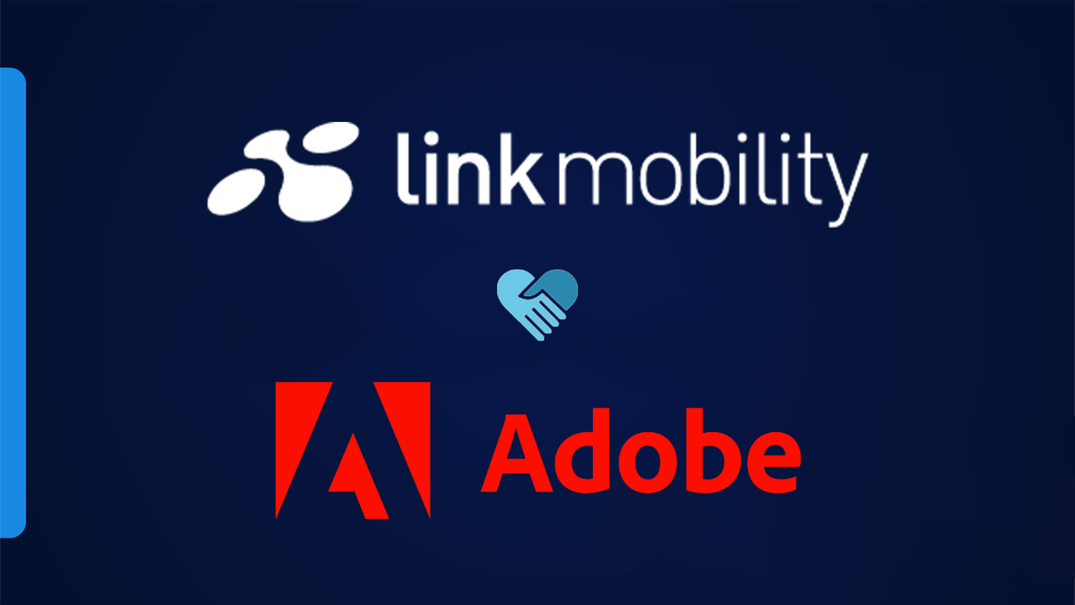 Link Mobility and Adobe logos with a handshake icon in between on a dark blue background.