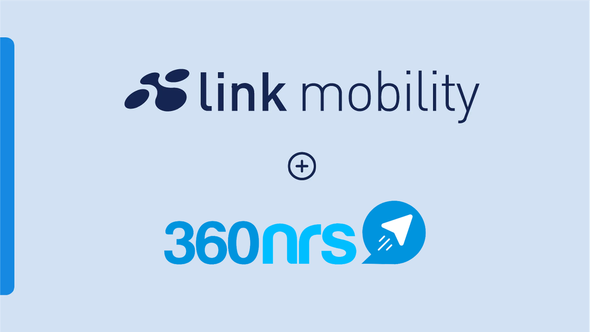 Logos of Link Mobility and 360nrs with a plus symbol in between on a light blue background.
