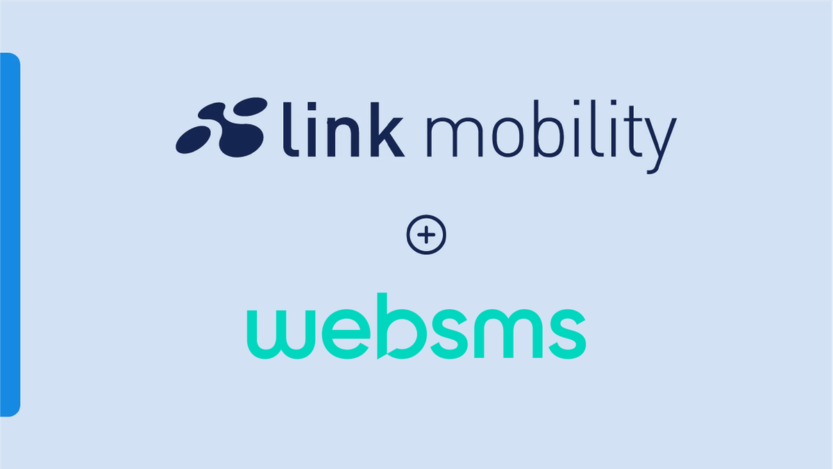 Logos of "Link Mobility" and "websms" with a plus sign between them on a light blue background.