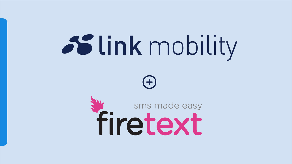 Logos of "Link Mobility" and "Firetext" with the text "SMS made easy" on a light blue background.
