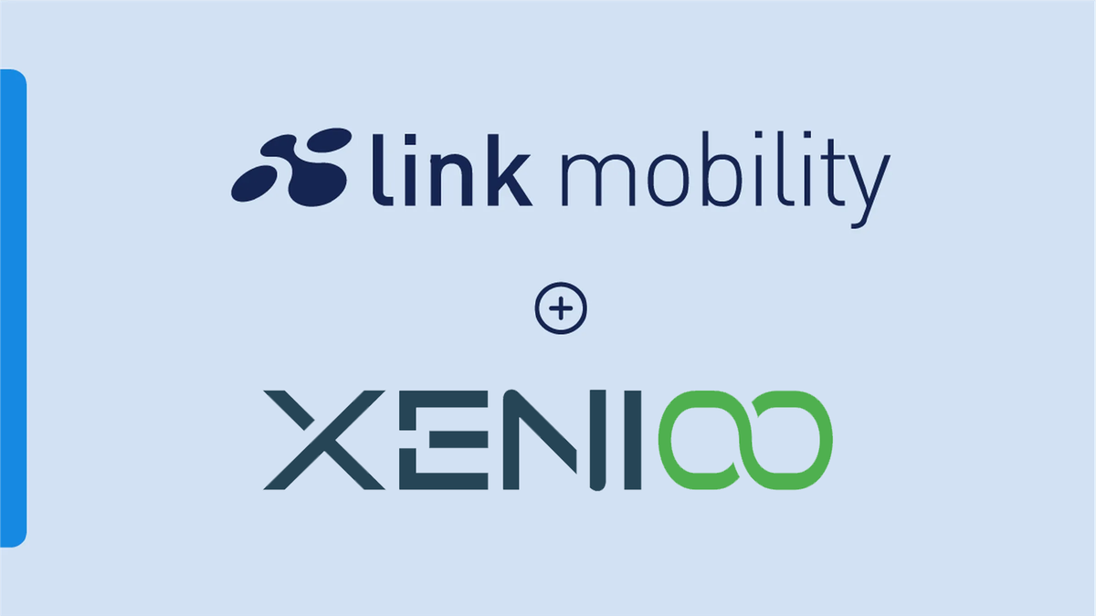 Logos of Link Mobility and Xenioo with a plus symbol between them on a light blue background.