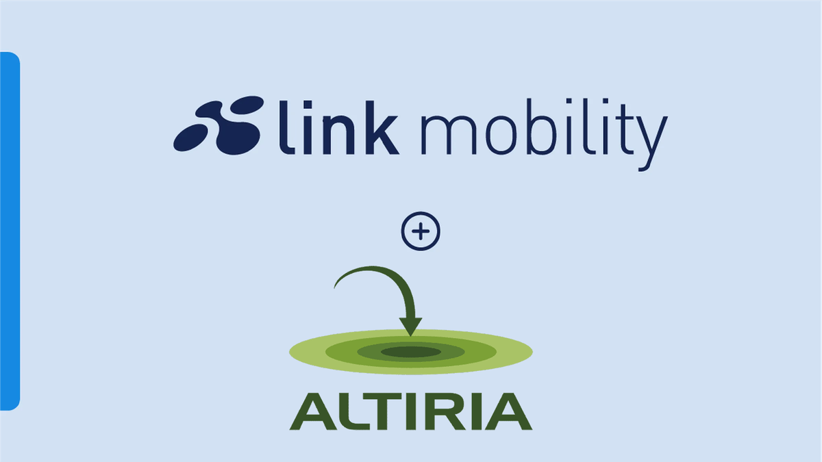 Logos of Link Mobility and Altiria on a light blue background, depicted with a plus sign in between.