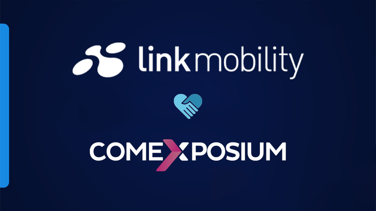 Logos of "Link Mobility" and "Comexposium" with a handshake symbol between them on a dark blue background.
