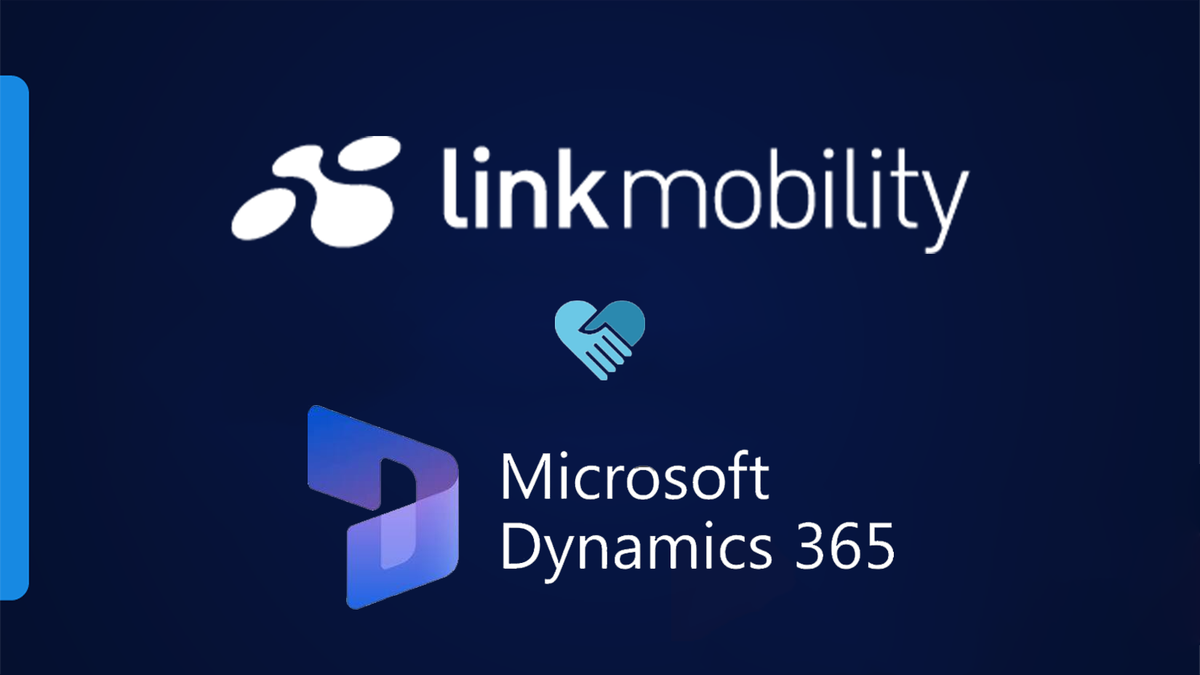 Link Mobility logo above a handshake icon, with Microsoft Dynamics 365 logo below, on a dark blue background.