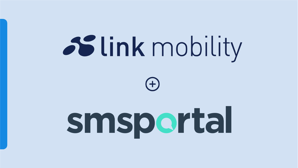 Logos of "Link Mobility" and "SMS Portal" with a plus sign between them on a light blue background.