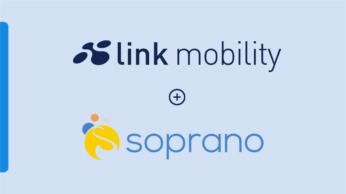 Logos of "link mobility" and "soprano" on a light blue background with a plus sign between them.