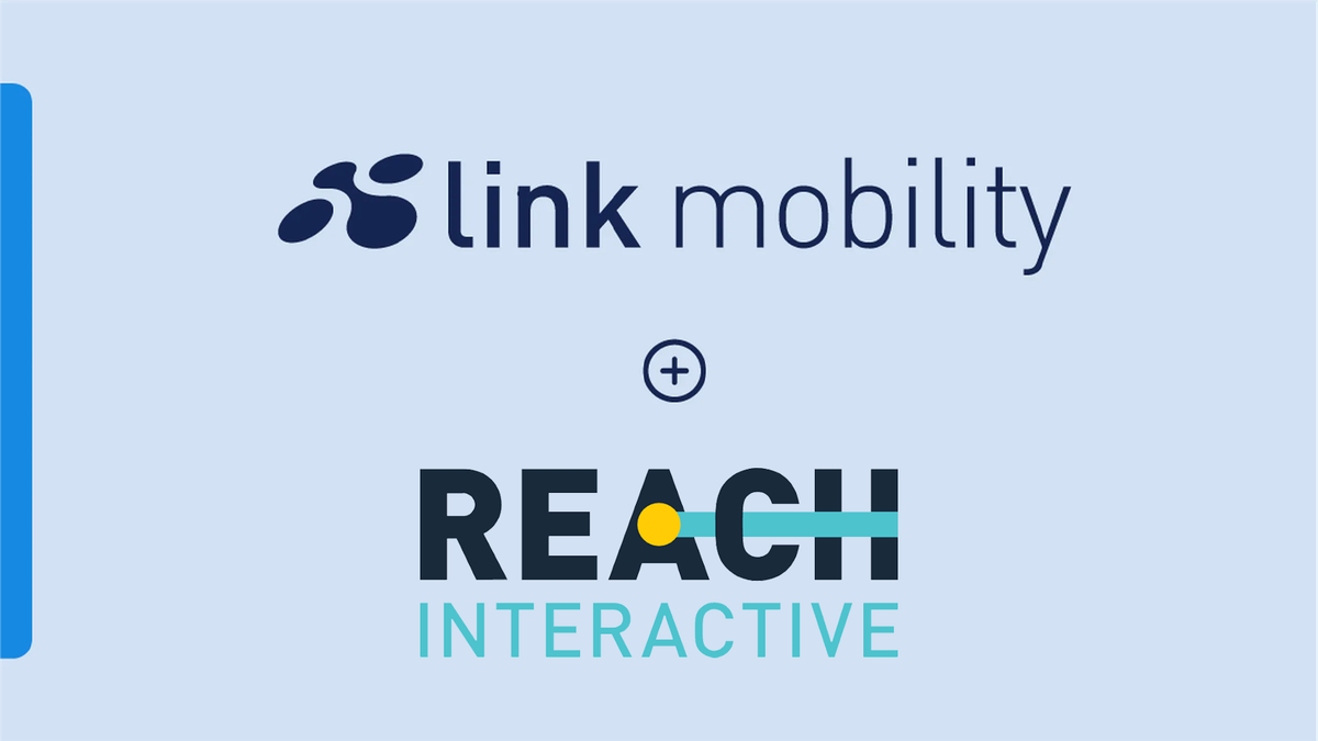 Logos of "link mobility" and "REACH INTERACTIVE" with a plus sign between them, against a light blue background.