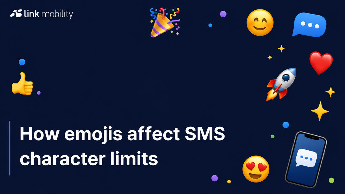 Cover image for “How emojis affect SMS character limits” by LINK Mobility, featuring SMS, messaging and emoji graphics.