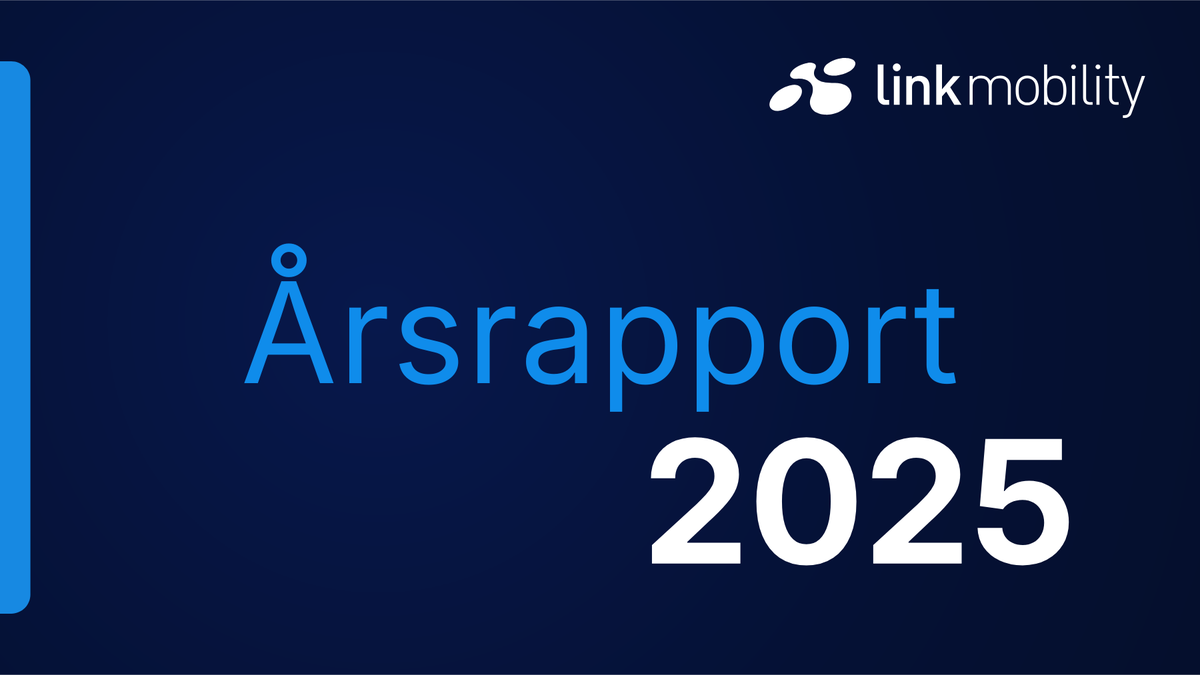 Blått og hvitt forsidebilde med teksten «Årsrapport 2025» og LINK Mobility-logo på mørk bakgrunn.