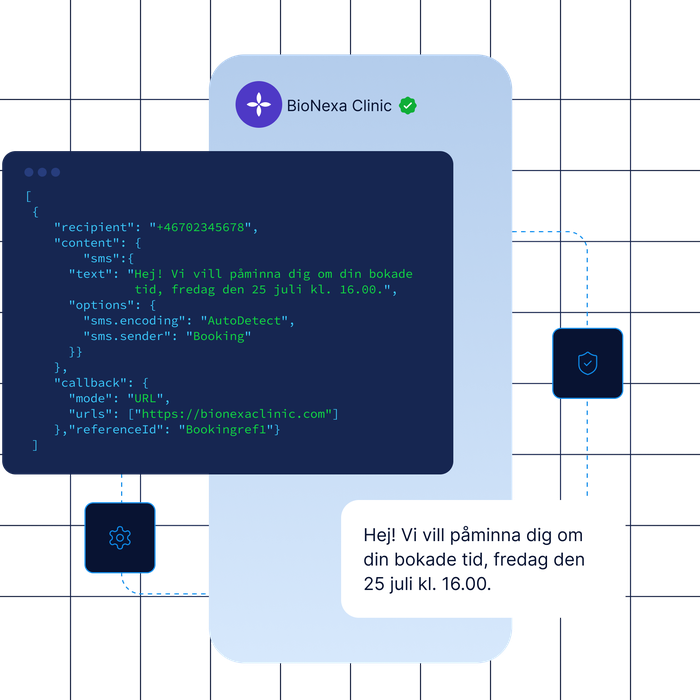 Exempel på en automatiserad bokningspåminnelse skickat via ett SMS API.