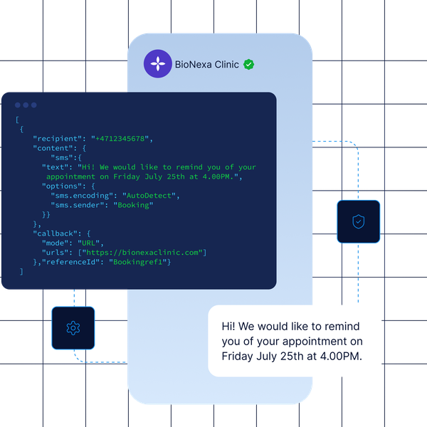 Visual example of an automated SMS appointment reminder using SMS API, showing a JSON payload for sending a reminder message from BioNexa Clinic via SMS with sender ID, encoding, and callback URL.