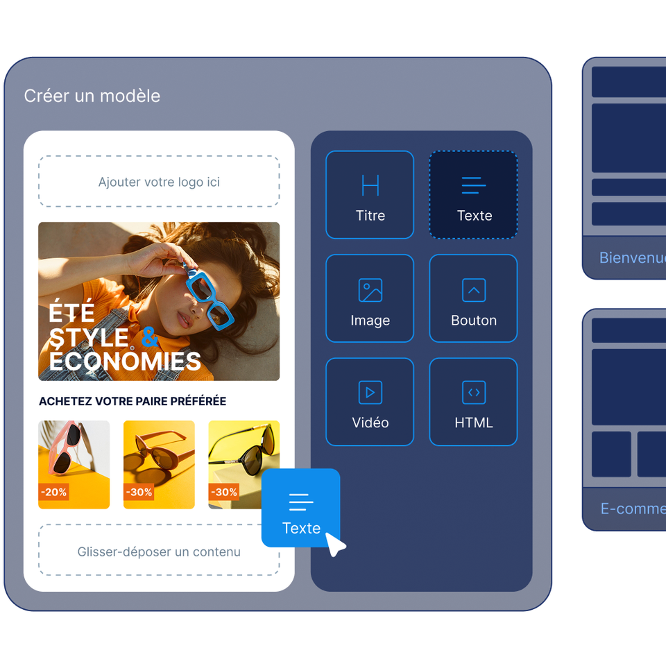 Interface permettant de créer un modèle présentant une publicité mettant en scène une femme portant des lunettes de soleil. Elle comprend des éléments à glisser-déposer tels que du texte, des images, des vidéos et du code HTML.