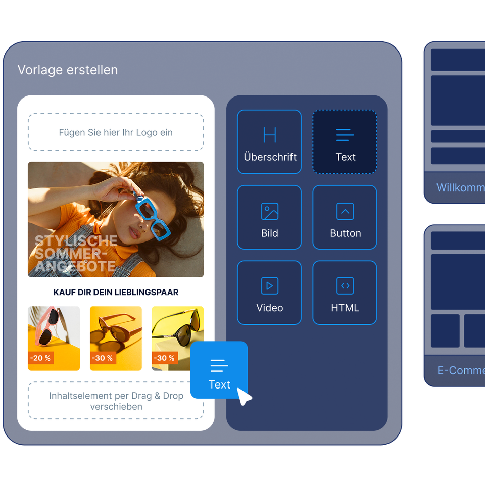 Visueller Template-Editor von LINK Mobility mit Drag-and-drop-Funktionen für Text, Bilder, Buttons und Videos sowie Vorschau einer Sommerkampagne.