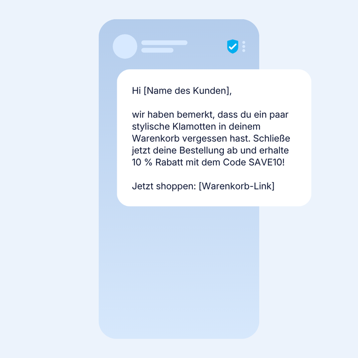 Meldung auf einem Handybildschirm, in der ein Rabattcode von 10 % („SAVE10“) für vergessene Artikel im Warenkorb angeboten wird, mit einem Link zum Sofortkauf.