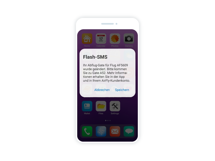 Ein Mobiltelefon mit einer Flash-SMS die auf eine geändertes Abflug-Gate hinweist.