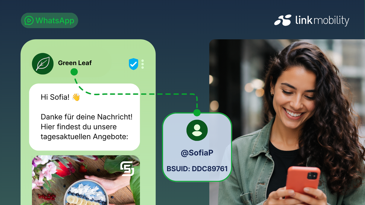 Eine Frau lächelt in ihr Handy. Eine WhatsApp-Nachricht zeigt ein Tagesangebot. Mittig stehen ein WhatsApp-Benutzername und eine BSUID.